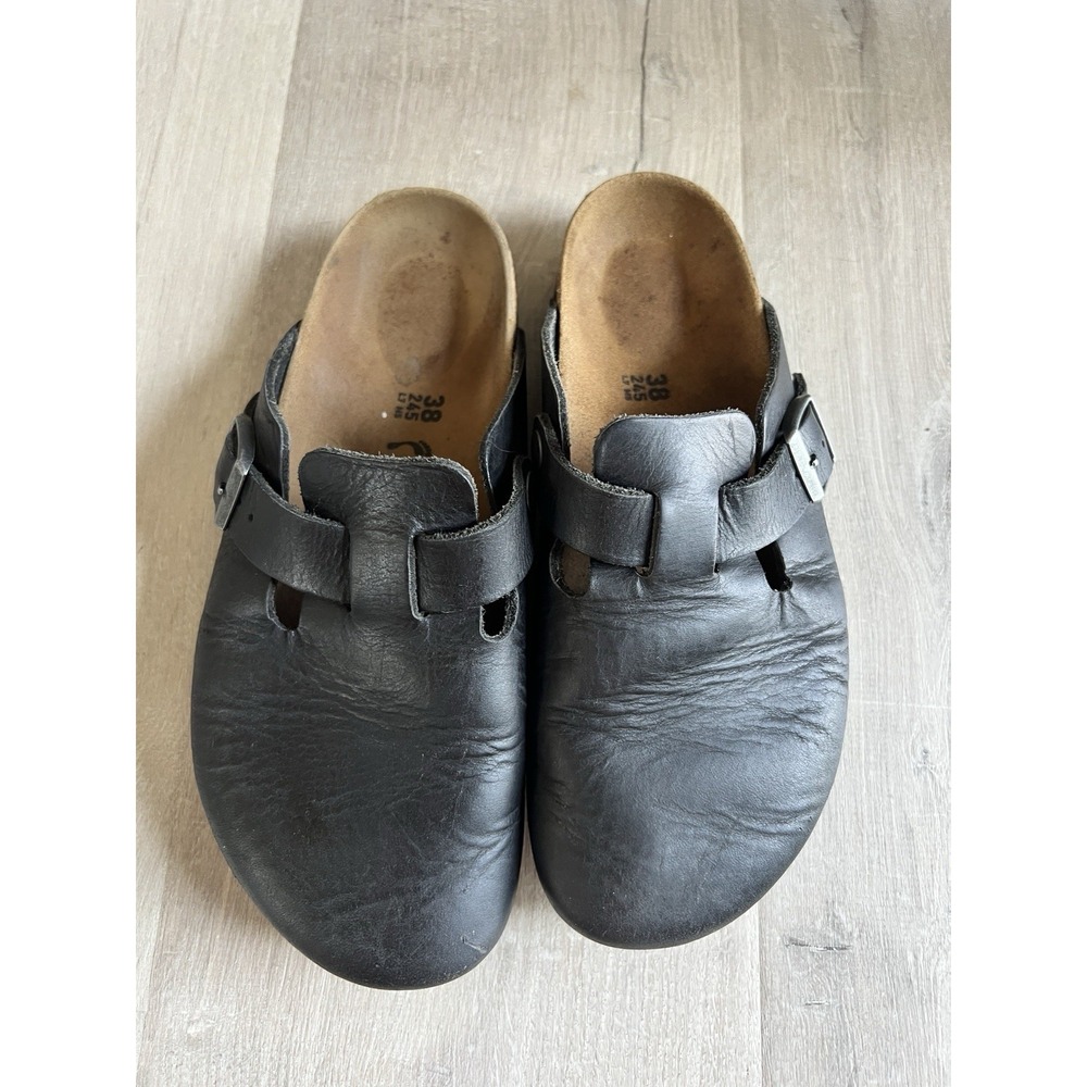 Birkenstock Boston Clog Shoes Womens 38 W7 M5 Black Leather - Picture 1 of 9